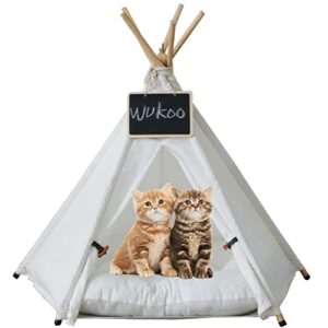 WUKOO Pet Teepee with Cushion for Dogs and Cats Puppies House with Bed Portable Pet Tent Indoor Outdoor 24 Inch & 28 Inch Washable Mini Tents for Pets (White-28 Inch no Cushion) …