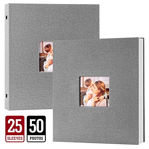 Ywlake Photo Album 8x10 Pockets, Linen Hard Cover Slip Slide in Photo Albums with Plastic Sleeves holds 50 Top Loading Vertical 8x10 Pictures (Grey)