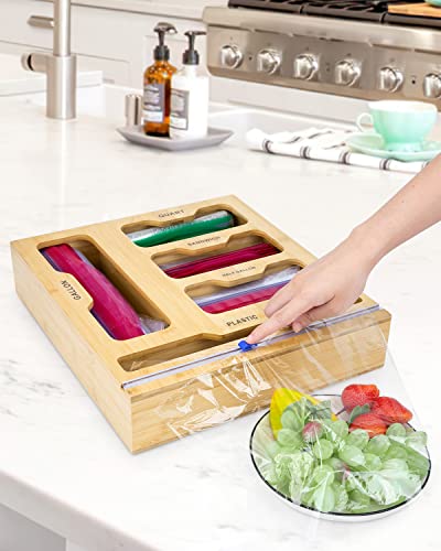 Zgioo Ziplock Bag Storage Organizer for Kitchen Drawer, Storage Bag Organizer with Foil Dispenser, compatible with Quart, Gallon and Snack Bags (1 box 5 slots 1 sliding cutter)