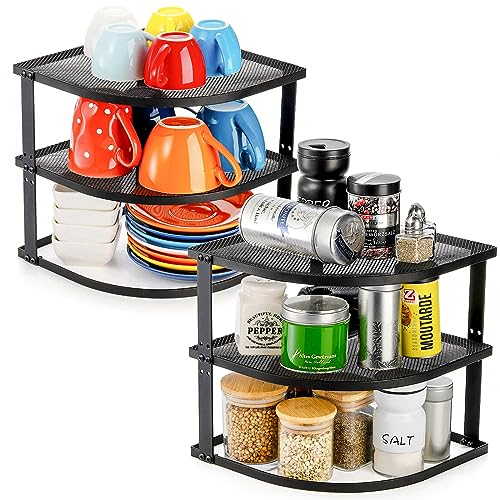 Elsjoy 2 Pack 3-Tier Cabinet Corner Shelf, 9 Inch Metal Counter Corner Organizer Rack, Kitchen Storage Shelf Pantry Organizer for Plate, Cups, Matte Black