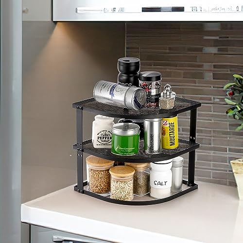 Elsjoy 2 Pack 3-Tier Cabinet Corner Shelf, 9 Inch Metal Counter Corner Organizer Rack, Kitchen Storage Shelf Pantry Organizer for Plate, Cups, Matte Black