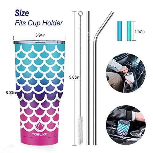 Yoelike 30 oz Mermaid Tumbler with Lid and Straw, Stainless Steel Vacuum Insulated Coffee Ice Cup, Double Wall Travel Mug, Sweat Proof - Keeps Cold for 24 Hours and Hot for 12 Hours