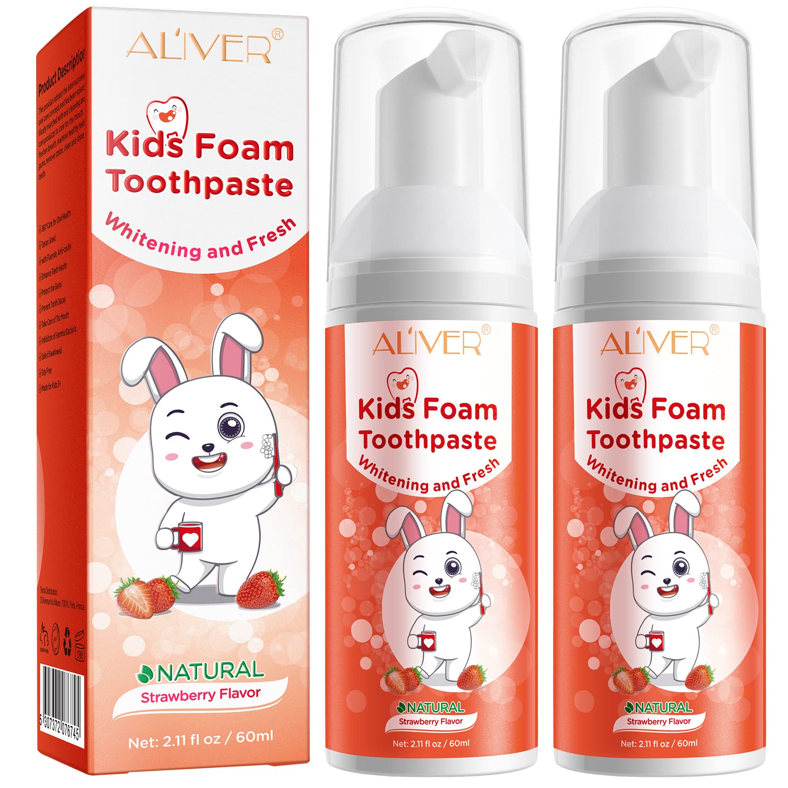 Kids Strawberry Foaming Toothpaste, Anti-Cavity Fluoride, Great Tasting, Safe and Effective, 360ºCare for Mouth, for Children Kids Age for 3 and Up, 2 PCS