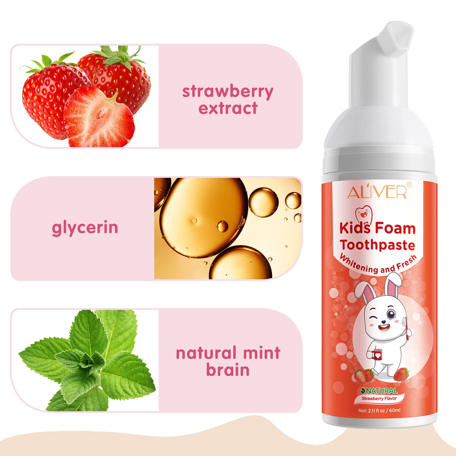 Kids Strawberry Foaming Toothpaste, Anti-Cavity Fluoride, Great Tasting, Safe and Effective, 360ºCare for Mouth, for Children Kids Age for 3 and Up, 2 PCS