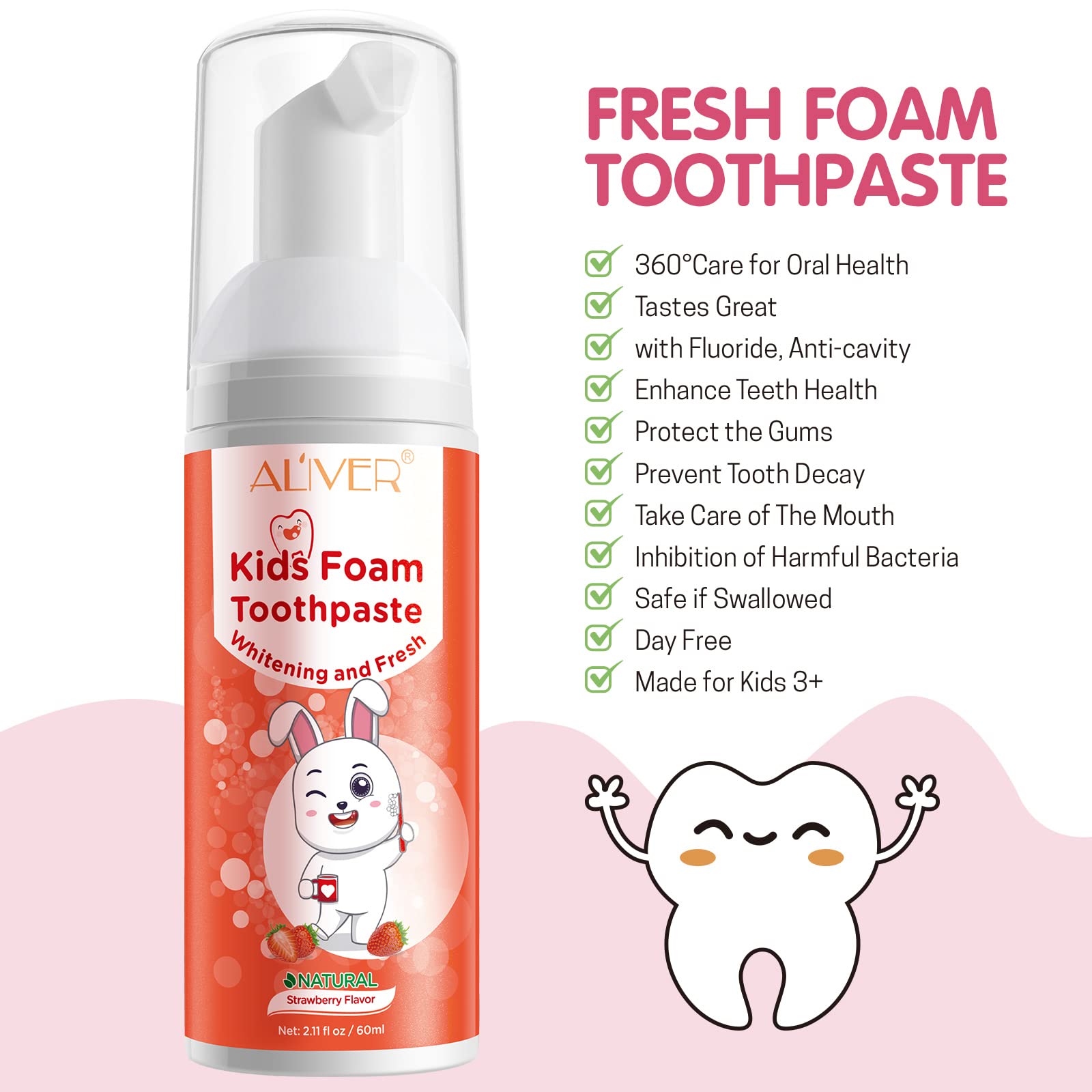 Kids Strawberry Foaming Toothpaste, Anti-Cavity Fluoride, Great Tasting, Safe and Effective, 360ºCare for Mouth, for Children Kids Age for 3 and Up, 2 PCS