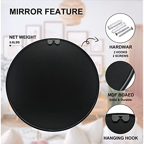 rozycher Round Mirror 24 Inch, Black Circle Mirror, Round Bathroom Mirror for Wall, Wall Mirror Decor, Black Round Mirror for Bathroom, Living Room, Bedroom, Entryway, Hallway, Vanity, Washroom