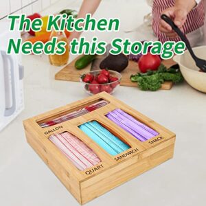 Ziplock Bag Organizer, Plastic Bag Storage, Food Storage Bag Bamboo Holder for Kitchen Drawer, Compatible with Ziplock Gallon, Quart, Sandwich & Snack Variety Size Bag