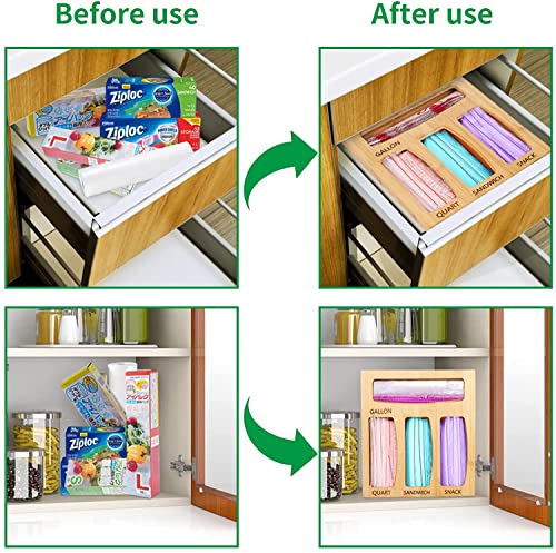 Ziplock Bag Organizer, Plastic Bag Storage, Food Storage Bag Bamboo Holder for Kitchen Drawer, Compatible with Ziplock Gallon, Quart, Sandwich & Snack Variety Size Bag