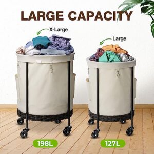 Greenstell Laundry Hamper with Lid, 198L Large 2 sections Rolling Laundry Basket with wheels, Round Laundry Cart with Rattan Tray and Removable Bag, Metal Frame, White