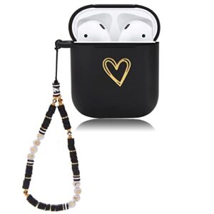cute airpod case gold love heart pattern design with love lanyard beaded wrist strap soft silicone shockproof cover compatiable with airpods 1st & 2nd generation case