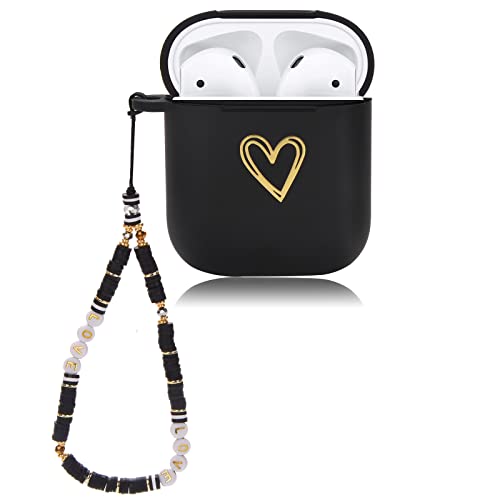 Cute AirPod Case Gold Love Heart Pattern Design with Love Lanyard Beaded Wrist Strap Soft Silicone Shockproof Cover Compatiable with AirPods 1st & 2nd Generation Case