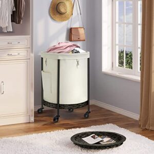 Greenstell Laundry Hamper with Lid, 198L Large 2 sections Rolling Laundry Basket with wheels, Round Laundry Cart with Rattan Tray and Removable Bag, Metal Frame, White