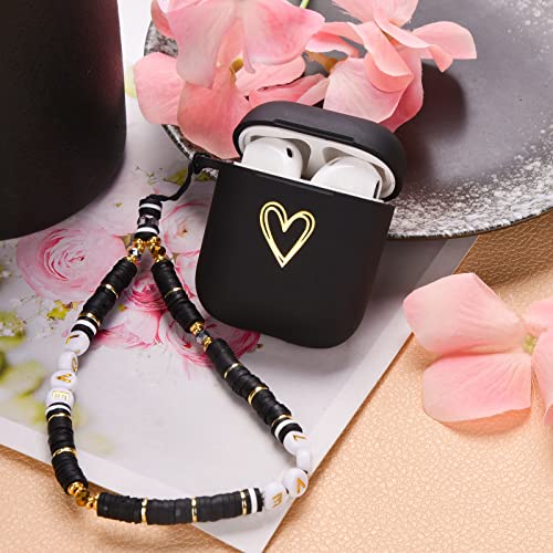 Cute AirPod Case Gold Love Heart Pattern Design with Love Lanyard Beaded Wrist Strap Soft Silicone Shockproof Cover Compatiable with AirPods 1st & 2nd Generation Case