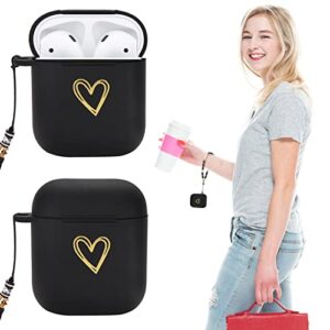 Cute AirPod Case Gold Love Heart Pattern Design with Love Lanyard Beaded Wrist Strap Soft Silicone Shockproof Cover Compatiable with AirPods 1st & 2nd Generation Case