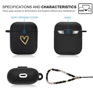 Cute AirPod Case Gold Love Heart Pattern Design with Love Lanyard Beaded Wrist Strap Soft Silicone Shockproof Cover Compatiable with AirPods 1st & 2nd Generation Case