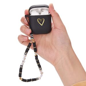 Cute AirPod Case Gold Love Heart Pattern Design with Love Lanyard Beaded Wrist Strap Soft Silicone Shockproof Cover Compatiable with AirPods 1st & 2nd Generation Case