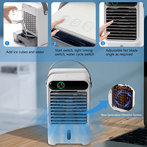 Mini Air Conditioner Portable, Personal Air Cooler Fan with 3 Wind Speeds, Evaporative Humidifier, LED Light, Timing - Small AC Misting Fan USB for Home Room Bedroom Office Desk, 500ml Water Tank, 6W