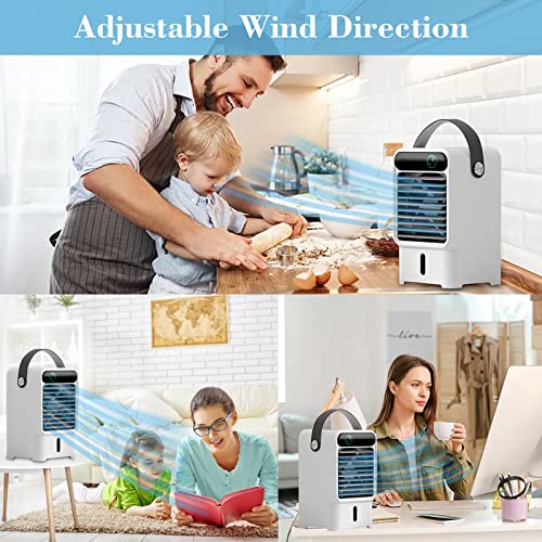 Mini Air Conditioner Portable, Personal Air Cooler Fan with 3 Wind Speeds, Evaporative Humidifier, LED Light, Timing - Small AC Misting Fan USB for Home Room Bedroom Office Desk, 500ml Water Tank, 6W