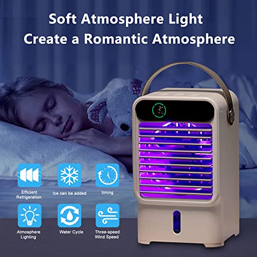 Mini Air Conditioner Portable, Personal Air Cooler Fan with 3 Wind Speeds, Evaporative Humidifier, LED Light, Timing - Small AC Misting Fan USB for Home Room Bedroom Office Desk, 500ml Water Tank, 6W