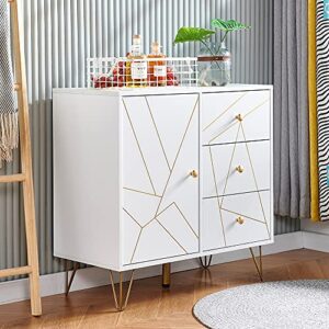 white modern kitchen storage cabinet cupboard with golden line, buffet console table cupboard with 1 door and 3 drawers for living room dining room entry hallway, credenza sideboard buffet organizer