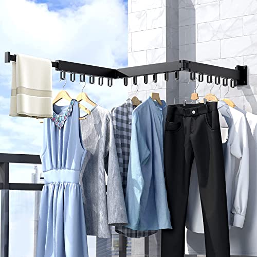 Foldable Drying Rack, 44.88 Inch Wall Mount Folding Clothes Hanger Rack with Towel Bar, Collapsible Coat Rack for Apartment, Laundry Room, Bathroom, Balcony, Indoor, Outdoor