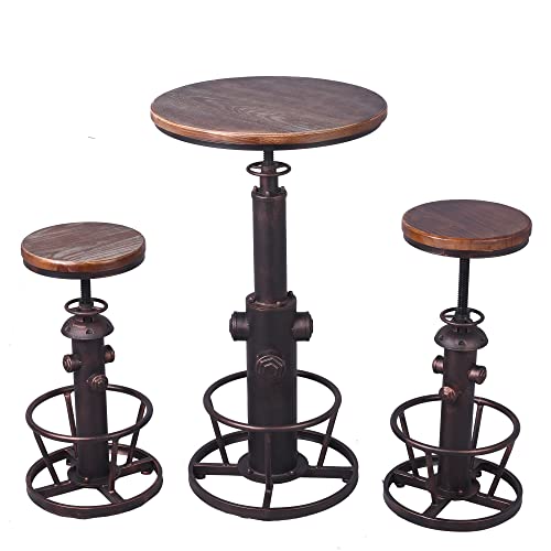 BOKKOLIK Industrial Bar Table and Bar Stools Set Vintage Bistro Table Set with 2 Bar Chairs Height Adjustable 38-44inch Swivel Wooden Top for Kitchen Dining Room Coffee House