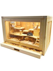 rubor hamster cage wooden hamster cages and habitats for dwarf hamster, guinea pig, chinchilla, 2-tiers with shelf and ladder, openable top, pull-out tray, natural wood