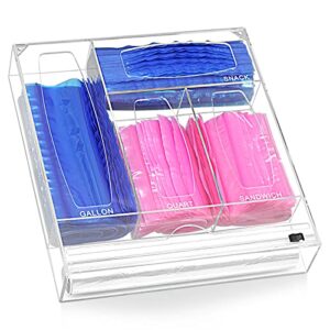 ziplock bag organizer and wrap dispenser with cutter,2-in-1 kitchen drawer organizer for food storage bags and plastic wrap. - for gallons, quarts, sandwiches in various sizes of plastic bags