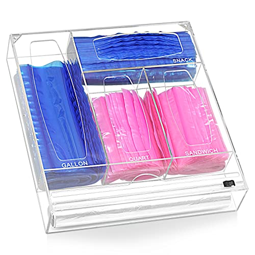 Ziplock Bag Organizer and Wrap Dispenser With Cutter,2-in-1 kitchen drawer organizer for food Storage bags and Plastic Wrap. - For gallons, quarts, sandwiches in various sizes of plastic bags