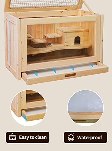 Rubor Hamster Cage Wooden Hamster Cages and Habitats for Dwarf Hamster, Guinea Pig, Chinchilla, 2-Tiers with Shelf and Ladder, Openable Top, Pull-Out Tray, Natural Wood