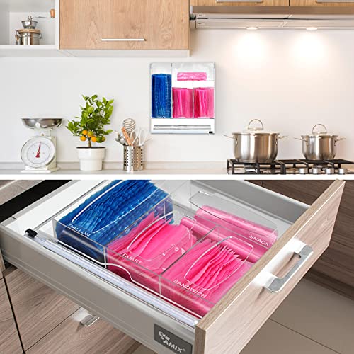 Ziplock Bag Organizer and Wrap Dispenser With Cutter,2-in-1 kitchen drawer organizer for food Storage bags and Plastic Wrap. - For gallons, quarts, sandwiches in various sizes of plastic bags