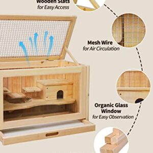 Rubor Hamster Cage Wooden Hamster Cages and Habitats for Dwarf Hamster, Guinea Pig, Chinchilla, 2-Tiers with Shelf and Ladder, Openable Top, Pull-Out Tray, Natural Wood