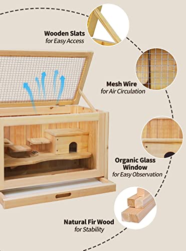 Rubor Hamster Cage Wooden Hamster Cages and Habitats for Dwarf Hamster, Guinea Pig, Chinchilla, 2-Tiers with Shelf and Ladder, Openable Top, Pull-Out Tray, Natural Wood