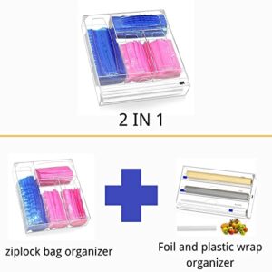 Ziplock Bag Organizer and Wrap Dispenser With Cutter,2-in-1 kitchen drawer organizer for food Storage bags and Plastic Wrap. - For gallons, quarts, sandwiches in various sizes of plastic bags