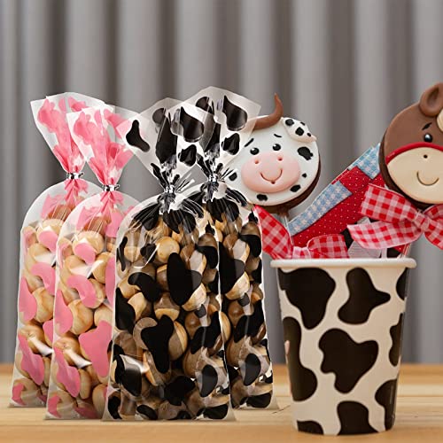 100 Pcs Cow Print Goodie Bags Cow Party Favors Treat Bags Cellophane Gift Bags with Twist Ties for Cow Theme Baby Shower Cowgirl Cowboy Birthday Party Supplies