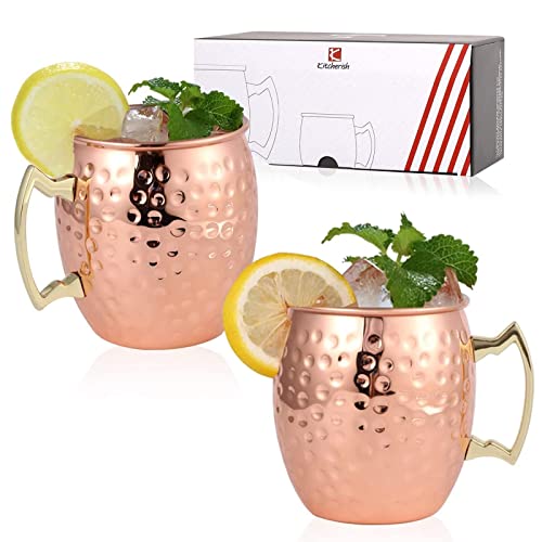 K Kitcherish Moscow Mule Mugs Set of 2-[Gift Set]18 oz, Hammered Copper Mugs | Stainless Steel Lining, Copper Plating Cup with Gold Brass Handles for Making Cool Drinks, 3.4'' (Diameter) x 4 ''(Tall)