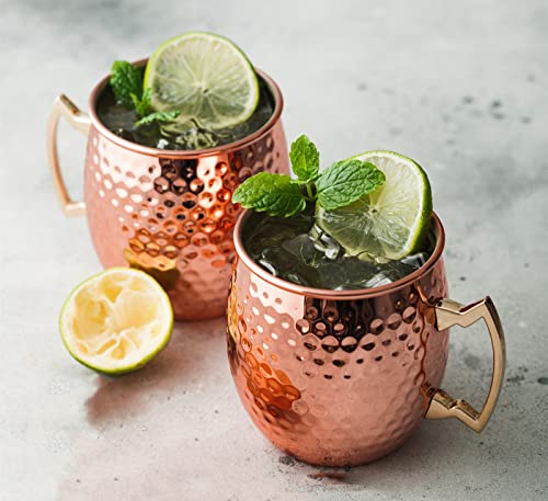 K Kitcherish Moscow Mule Mugs Set of 2-[Gift Set]18 oz, Hammered Copper Mugs | Stainless Steel Lining, Copper Plating Cup with Gold Brass Handles for Making Cool Drinks, 3.4'' (Diameter) x 4 ''(Tall)