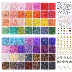 quefe 45000pcs 2mm glass seed beads kit in 56 colors for jewelry making with 260pcs alphabet letter beads for diy, art and craft with rolls of elastic string cord, charms pendants and evil eye beads