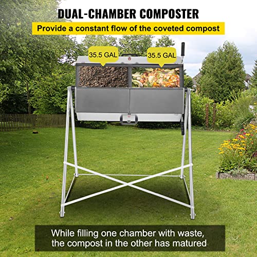 VEVOR Compost Tumbler, 71 US Gallons, Rustproof Stainless Steel Dual-Chamber Garden Composter, Heavy-Duty, All-Season Outdoor Compost Bin, Fast-Working System for Composting Kitchen ＆ Yard Waste