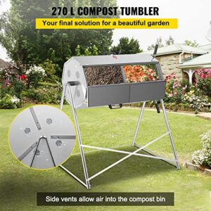 VEVOR Compost Tumbler, 71 US Gallons, Rustproof Stainless Steel Dual-Chamber Garden Composter, Heavy-Duty, All-Season Outdoor Compost Bin, Fast-Working System for Composting Kitchen ＆ Yard Waste