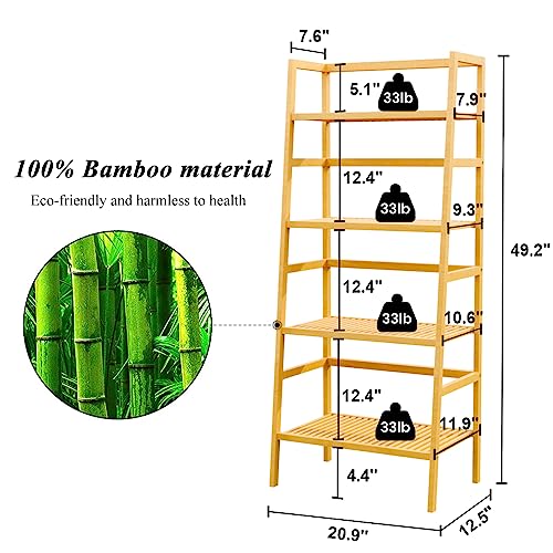 Bamboo Bookshelf - Narrow Ladder Shelf with Adjustable Height for Plants and Books - Ideal for Bathroom, Living Room, Bedroom and Kitchen