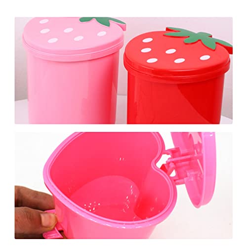 NUOBESTY Mini Desktop Wastebasket with Lid Small Strawberry Countertop Trash Can Tiny Plastic Garbage Bin for Office Bathroom Bedroom Makeup Waste Pink
