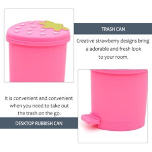 NUOBESTY Mini Desktop Wastebasket with Lid Small Strawberry Countertop Trash Can Tiny Plastic Garbage Bin for Office Bathroom Bedroom Makeup Waste Pink
