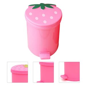 NUOBESTY Mini Desktop Wastebasket with Lid Small Strawberry Countertop Trash Can Tiny Plastic Garbage Bin for Office Bathroom Bedroom Makeup Waste Pink