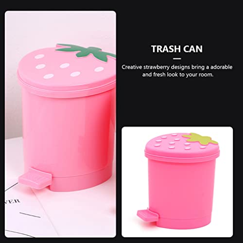 NUOBESTY Mini Desktop Wastebasket with Lid Small Strawberry Countertop Trash Can Tiny Plastic Garbage Bin for Office Bathroom Bedroom Makeup Waste Pink