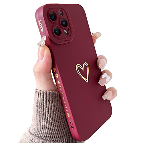 SmoBea Compatible with iPhone 13 Pro Max Case, Gold Heart Pattern Soft Liquid Silicone Shockproof Case for Women Girls Side Cute Plated Heart Pattern Slim Phone Case (Wine Red)