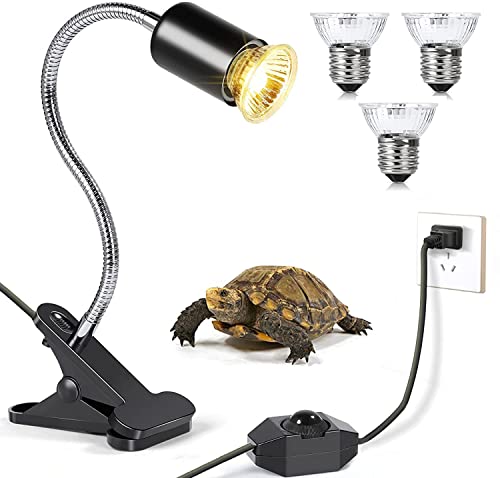 Reptile Heat Lamp, Basking Spot Lamp, UVA UVB Reptile Light Fixture with 360° Rotatable Clips and Dimmable Switch for Aquarium Turtle Lizard Snake Chameleons Amphibians (1 Fixture+3 Bulbs, 25/50/75W)