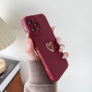 SmoBea Compatible with iPhone 13 Pro Max Case, Gold Heart Pattern Soft Liquid Silicone Shockproof Case for Women Girls Side Cute Plated Heart Pattern Slim Phone Case (Wine Red)