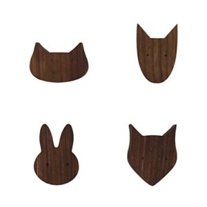 tsnamay 4 pack animal wood wall hooks, black walnut unfinished solid wood coat hooks wall mounted for hanging bathroom towels clothes hanger，pattern rabbit cat dog fox