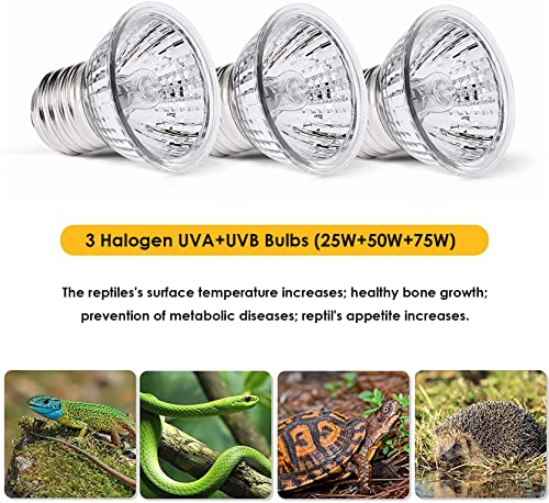 Reptile Heat Lamp, Basking Spot Lamp, UVA UVB Reptile Light Fixture with 360° Rotatable Clips and Dimmable Switch for Aquarium Turtle Lizard Snake Chameleons Amphibians (1 Fixture+3 Bulbs, 25/50/75W)